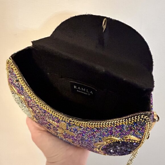 Ramla Beaded Clutch Purple Multicolor Mosaic Chain Strap Handmade NEW Prom - Picture 7 of 15